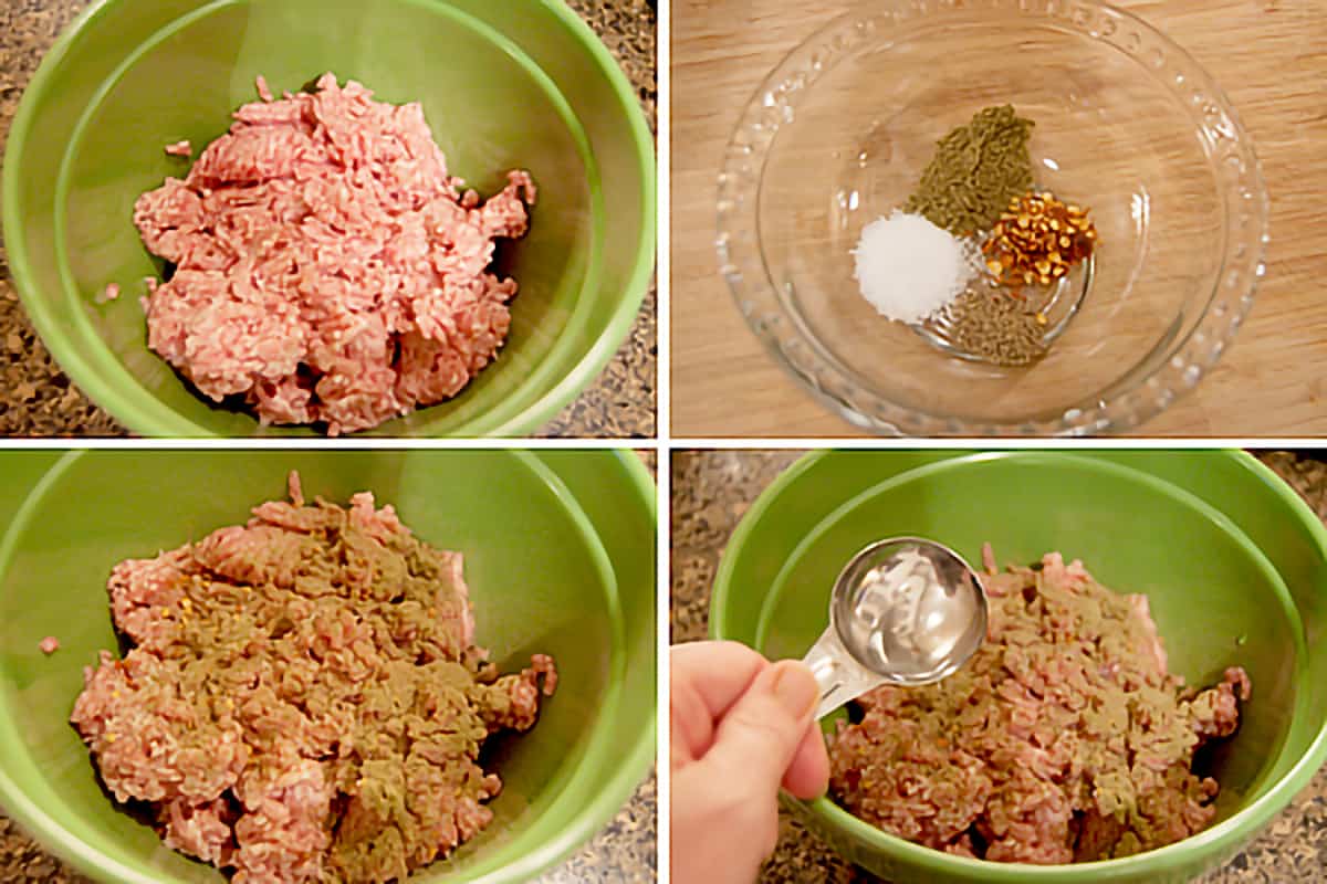 Photo collage showing all the ingredients being added to a mixing bowl.