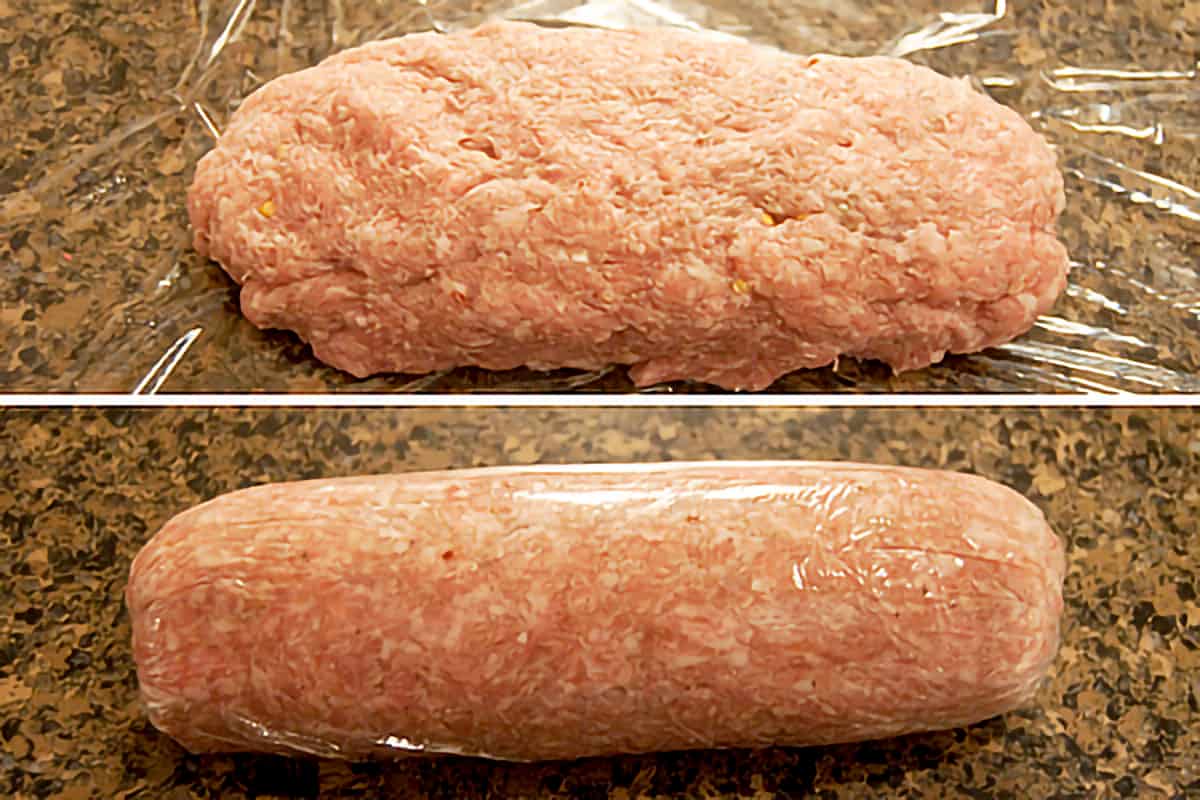 Photo collage showing the sausage being formed into a roll shape for storage.