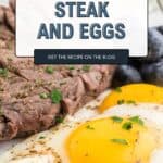 Steak and eggs Pinterest graphic with text overlay.