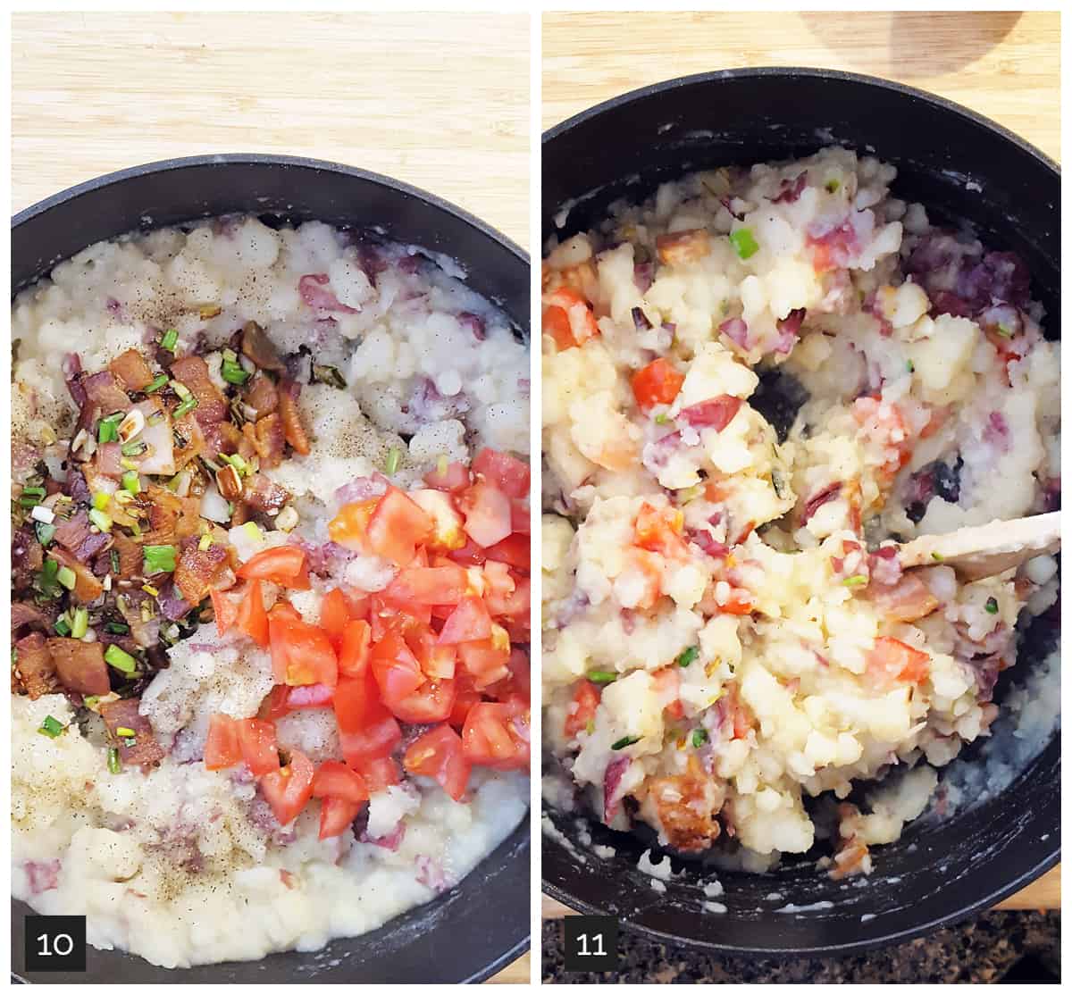 Left: bacon, onions, and tomatoes added to mashed potatoes; Right: bacon and tomatoes folded into mashed potatoes.