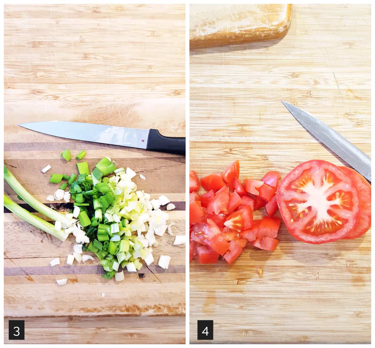 Left: diced green onions on a cutting board; Right: diced tomatoes o a cutting board.