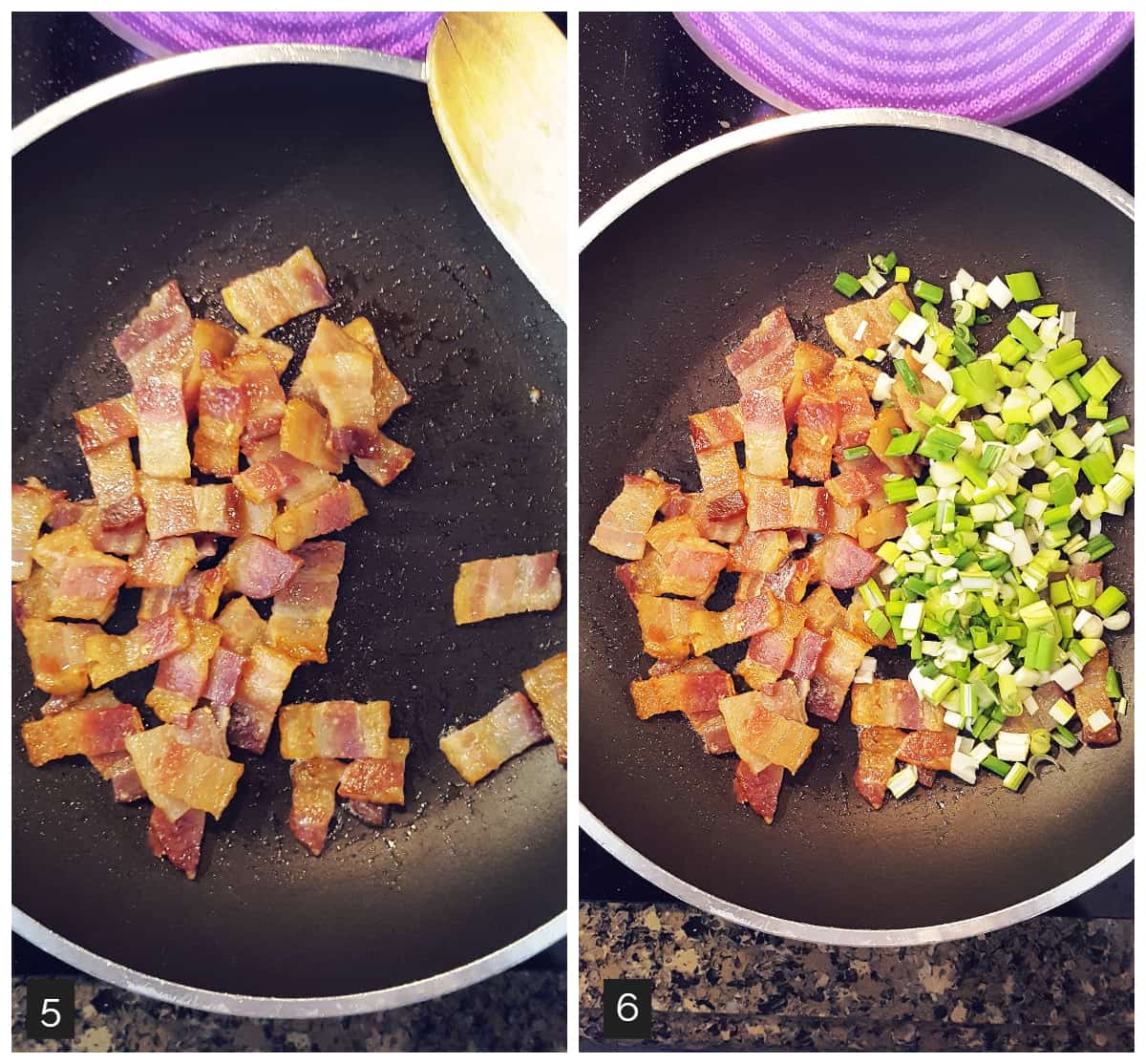 Left: bacon in a skillet; Right: bacon and green onions in a skillet.