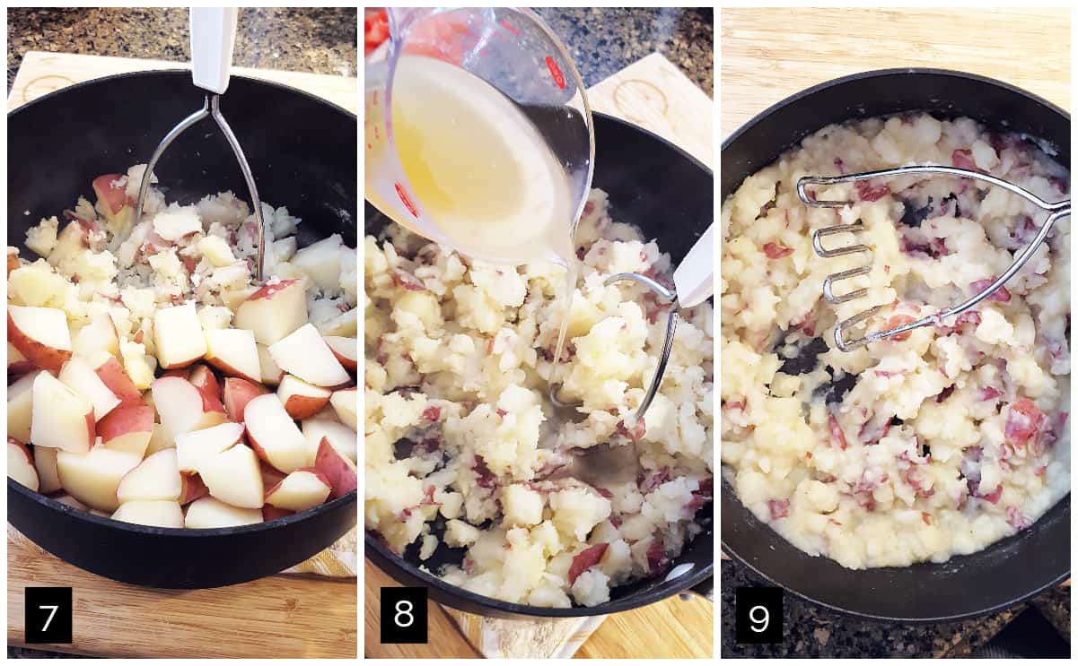 Left: potatoes partly mashed in a pot; Center: adding chicken stock to partly mashed potatoes; Right: completely mashed potatoes.