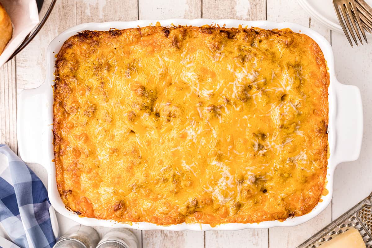 Baked spaghetti in a casserole dish.