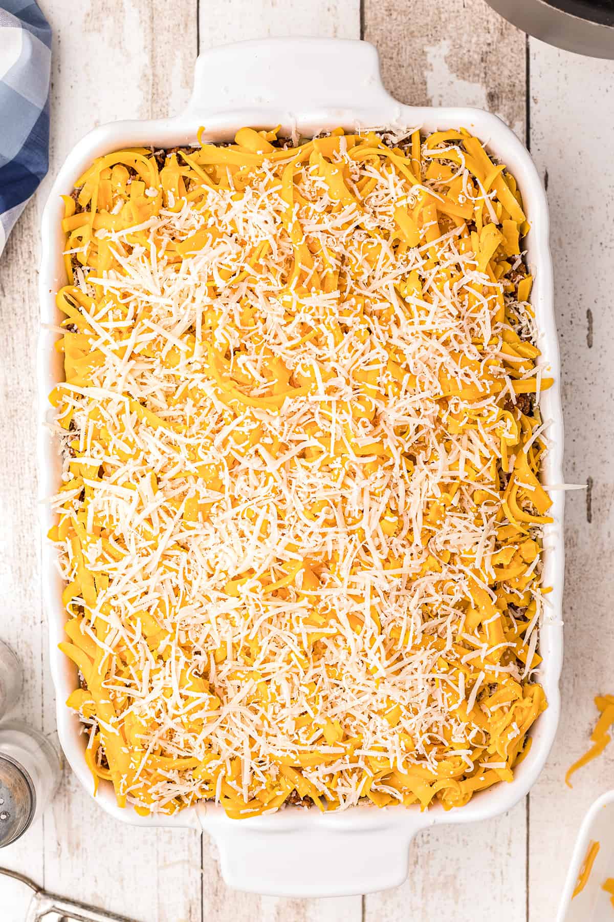 Completely assembled baked spaghetti in a casserole dish.
