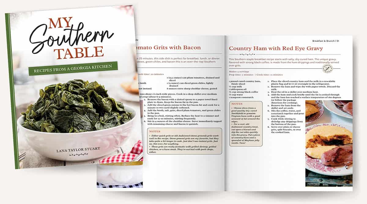 Mockup of pages 50-51 in My Southern Table cookbook.