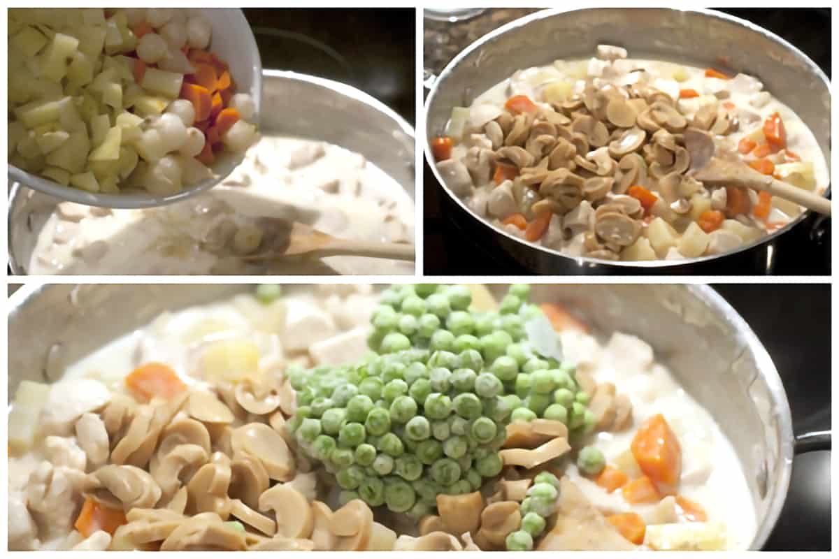 Adding final ingredients to Chicken Pot Pie Adding the cooked veggies, mushrooms, and frozen peas to the creamy chicken filling.