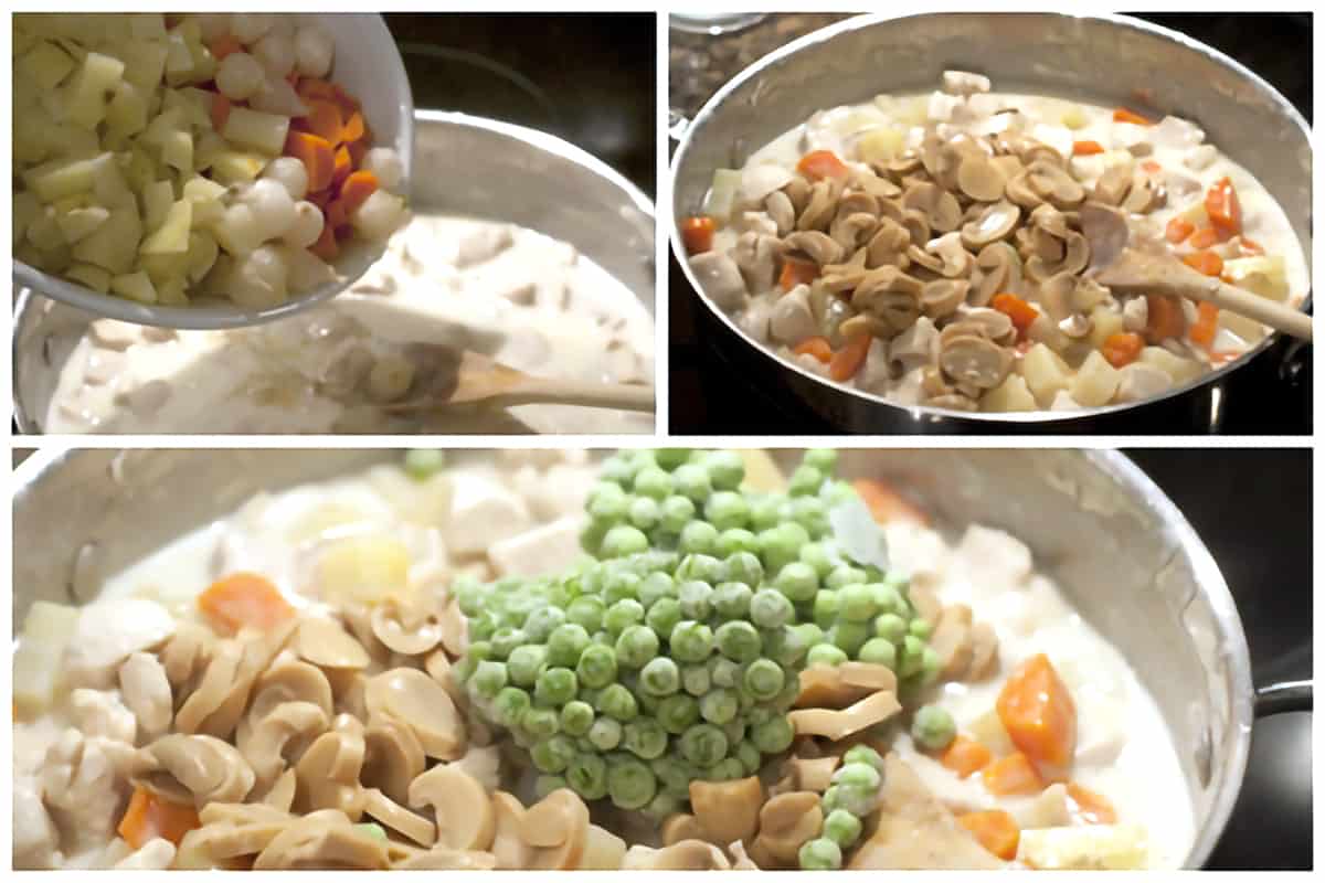 Adding the cooked veggies, mushrooms, and frozen peas to the creamy chicken filling.