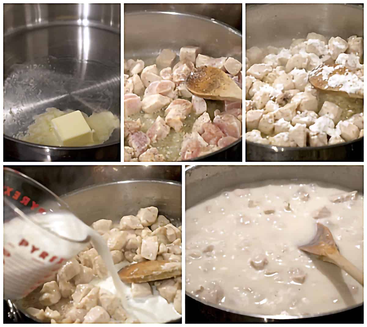 Photo collage showing the cooking of the chicken and making creamy filling.