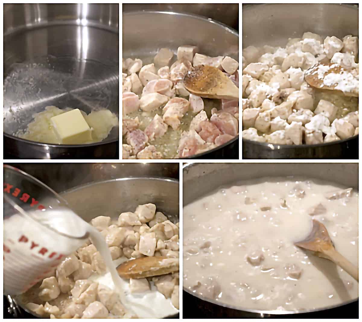 Chicken Pot Pie Photo collage showing the cooking of the chicken and making creamy filling.