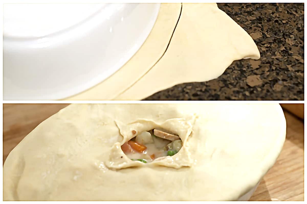 Cutting puff pastry to fit the top of the baking dish.