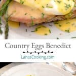 Country eggs benedict on a white serving plate.