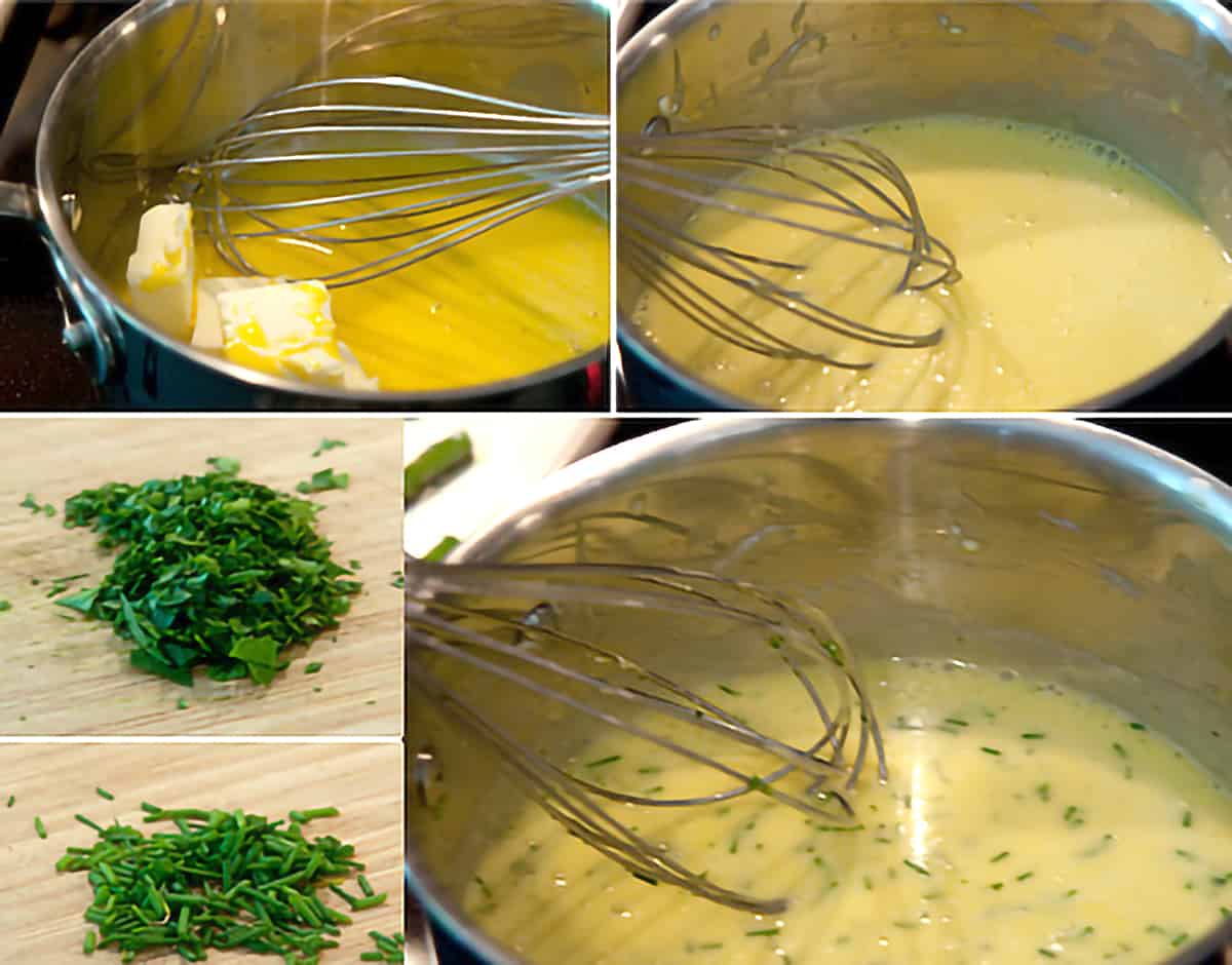 Collage showing the making of hollandaise sauce.