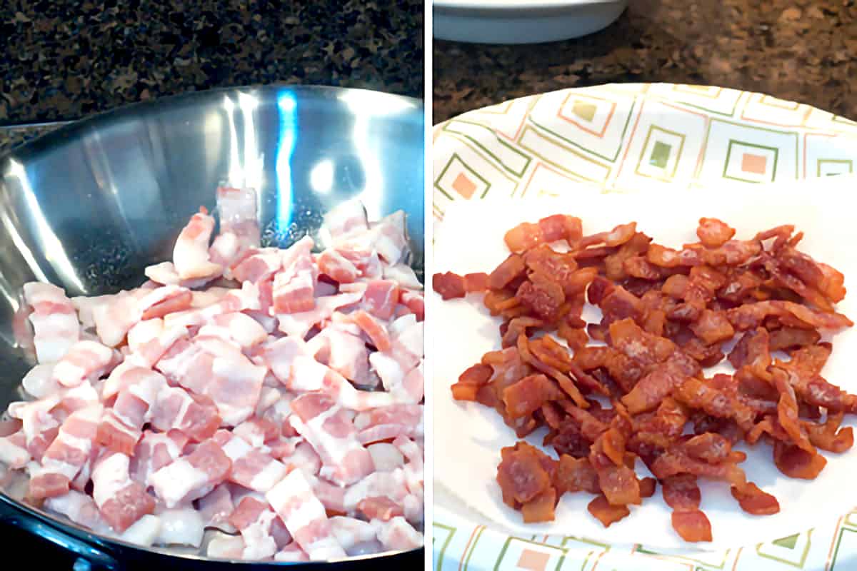Photo collage showing (left) bacon cooking in a skillet and (right) cooked, crispy bacon draining on paper towels.
