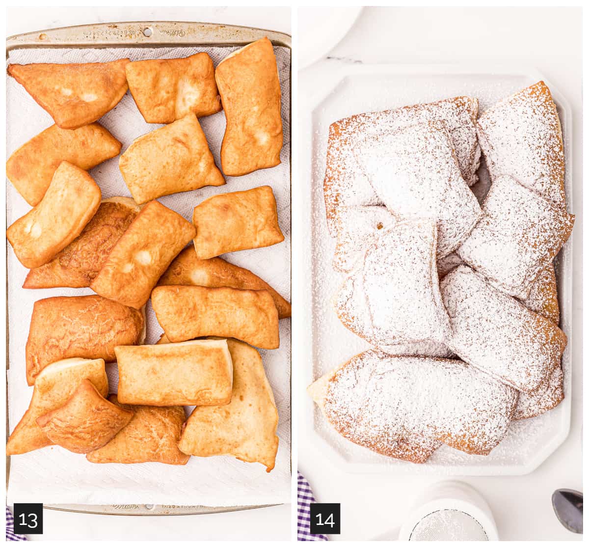 Collage (left) fried beignets draining on a paper towel lined pan, (right) beignets topped with powdered sugar.