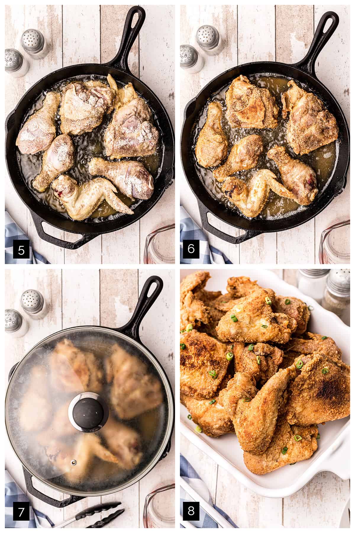 Photo collage showing steps 5 through 8 for cooking the chicken.