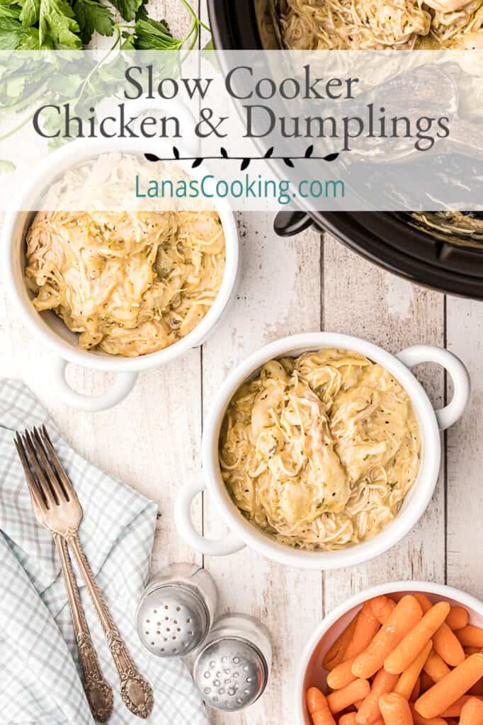 Two servings of chicken and dumplings in white bowls with a slow cooker in the background.