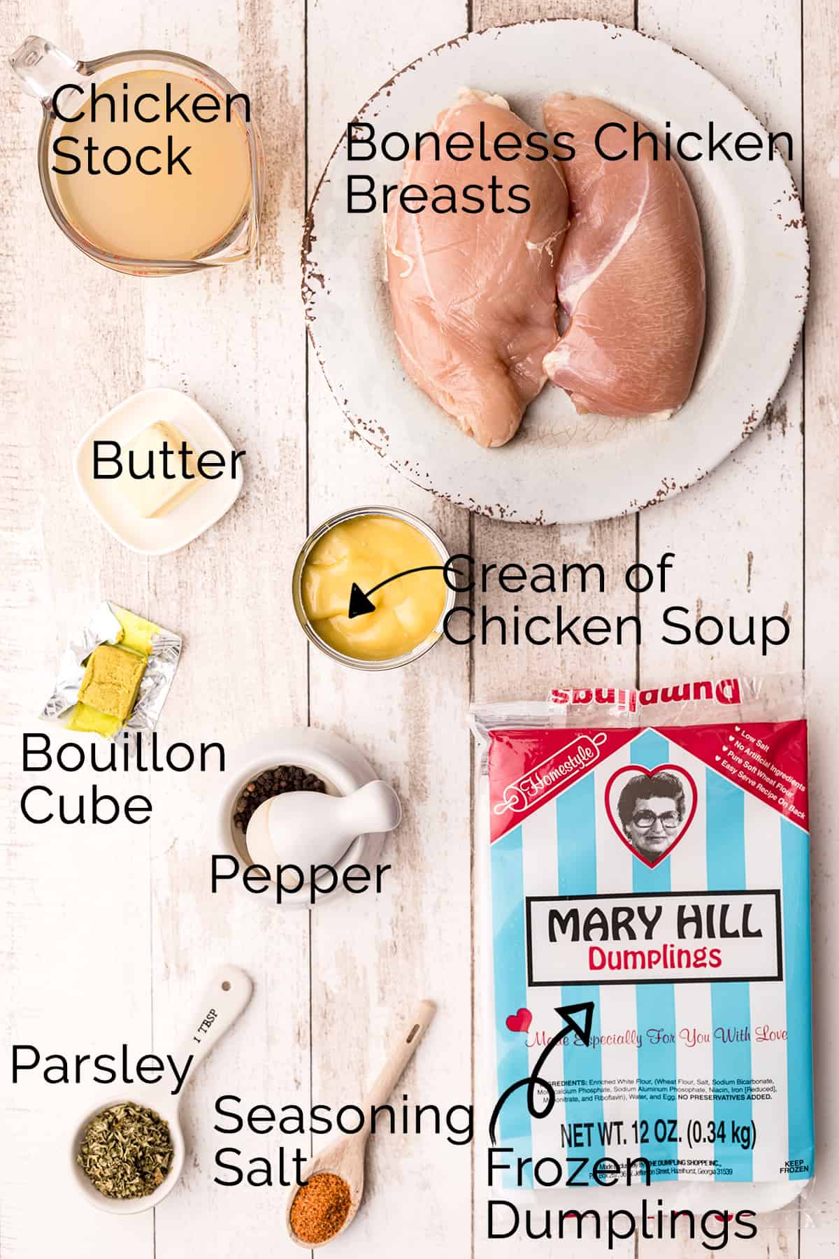 All ingredients needed to make slow cooker chicken and dumplings.