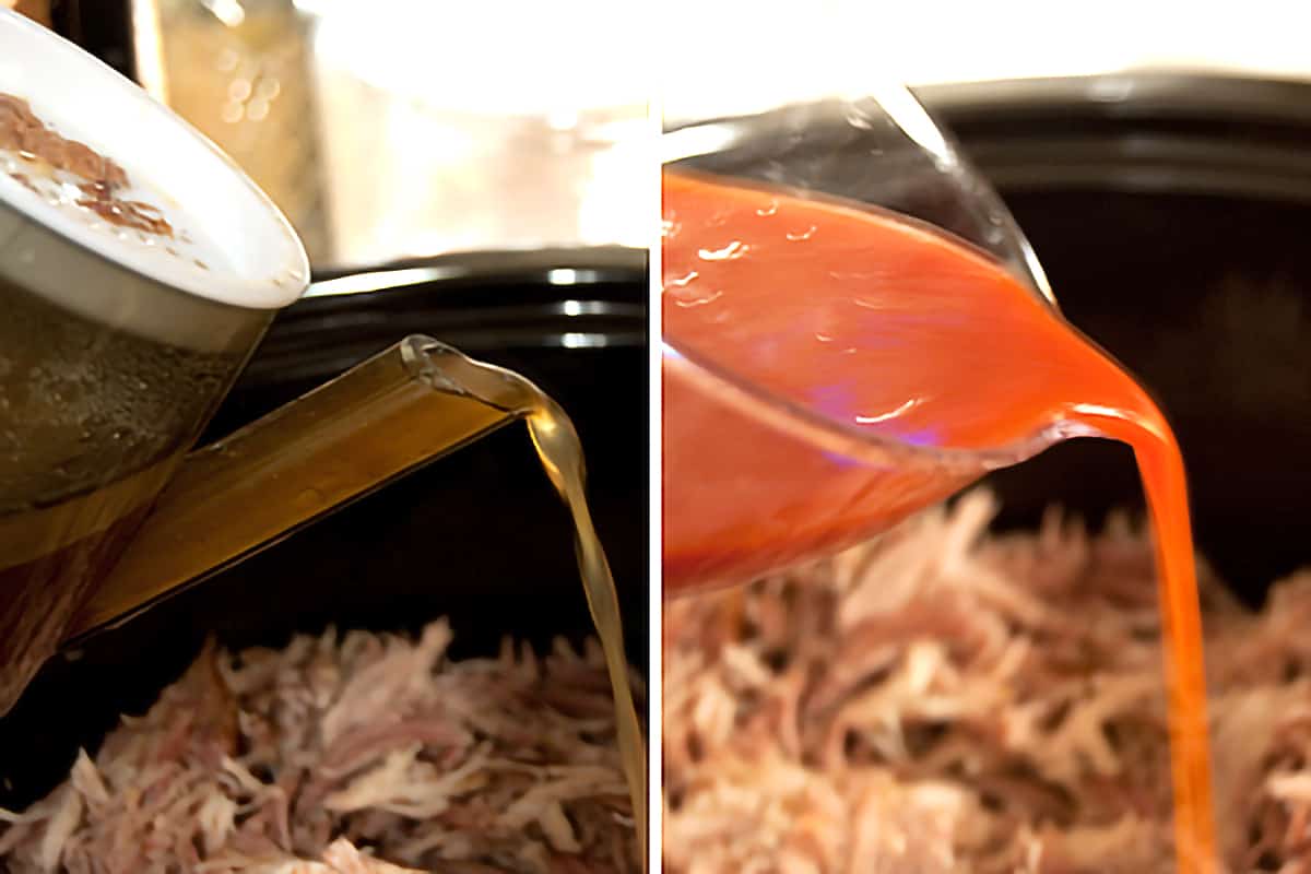 Photo collage showing adding the cooking juice and barbecue sauce to the pulled pork.
