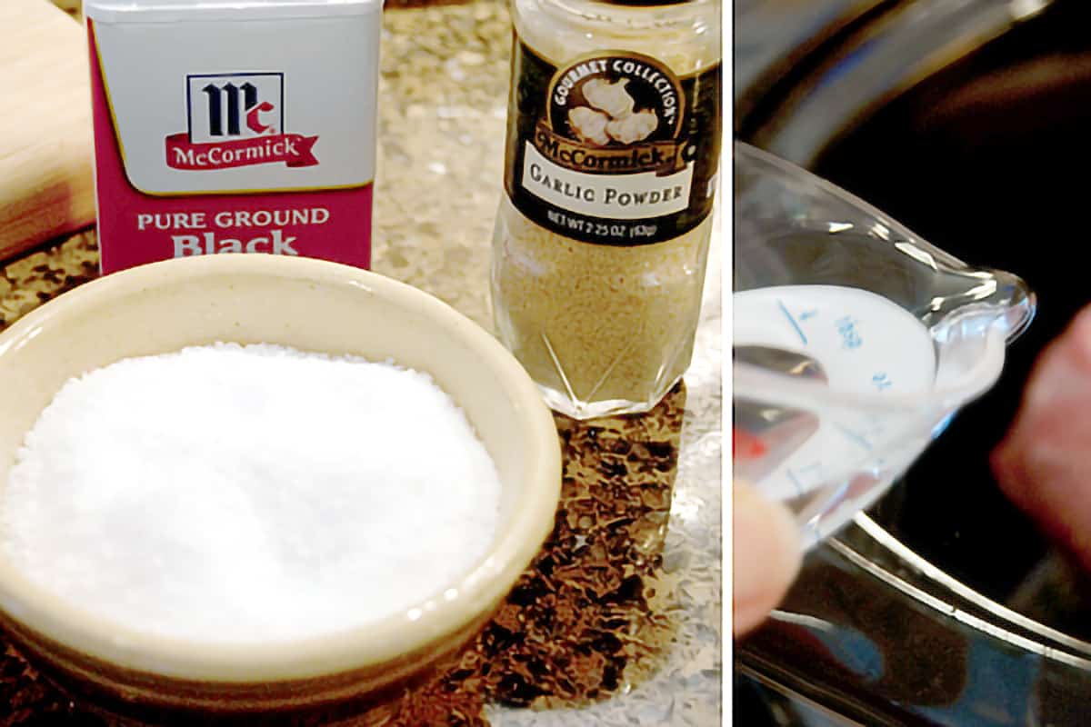 Salt, pepper, garlic powder, and water needed for the recipe.
