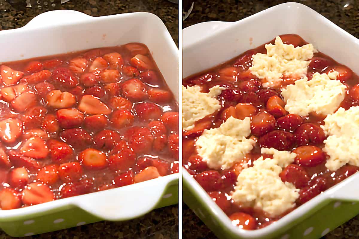 Strawberry filling in a baking dish with topping added.