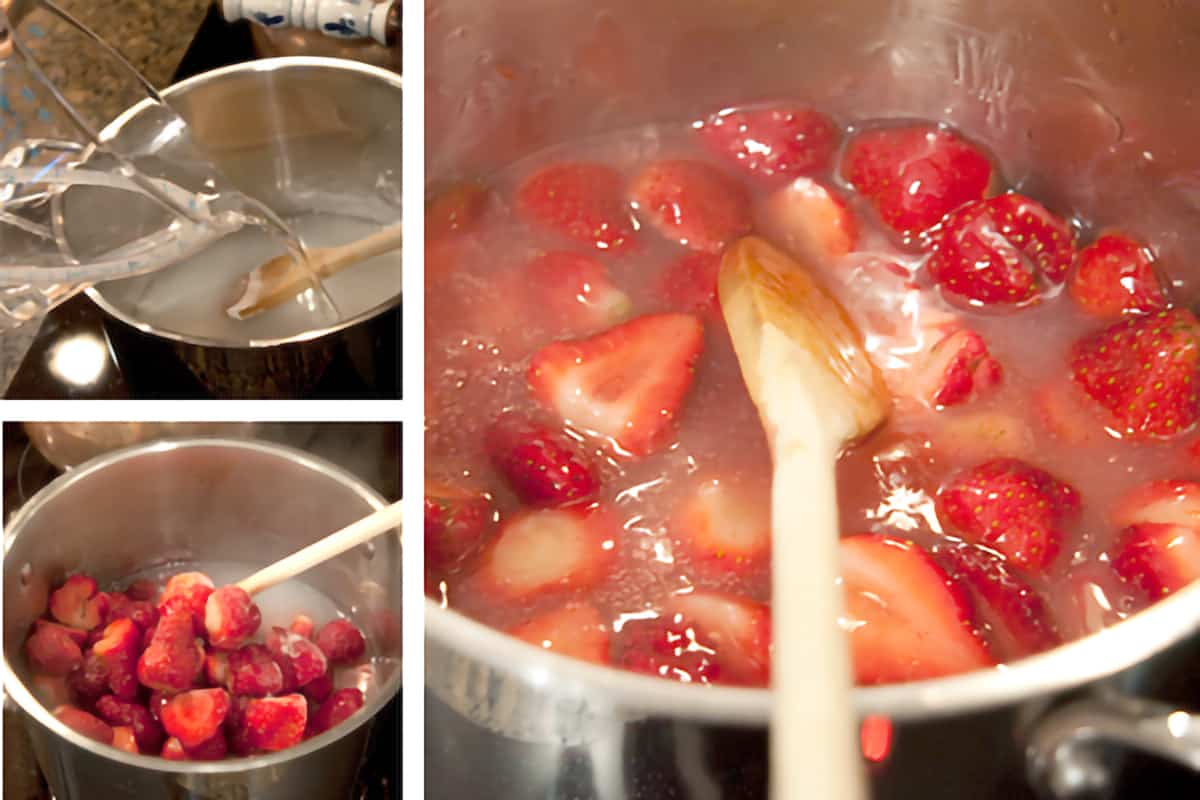 Strawberry cobbler filling cooking in a saucepan.