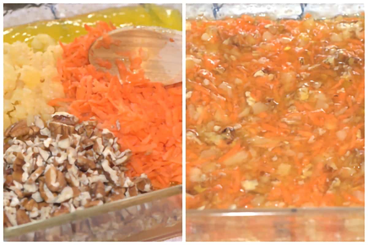 Adding fruit and nuts to partially set jello.
