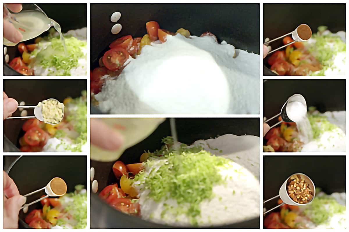 Collage showing the addition of ingredients to the cherry tomatoes.