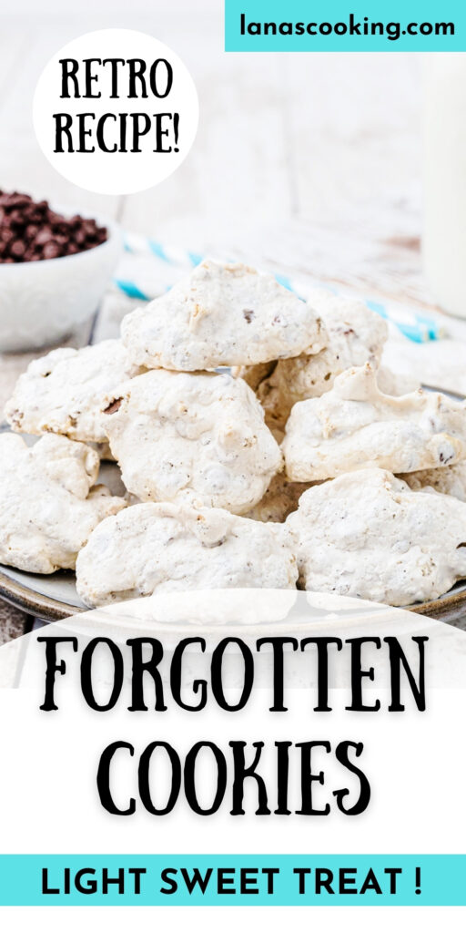 Forgotten cookies on a serving plate with milk and chocolate chips in the background.