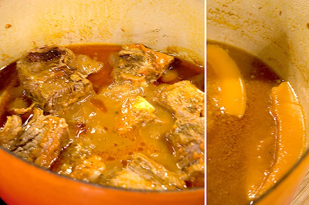 Short ribs in Dutch oven after cooking (left); and after fat has risen to the top (right).