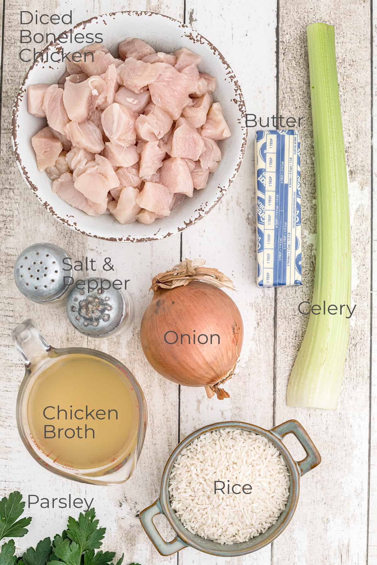 Ingredients needed to make chicken and rice.