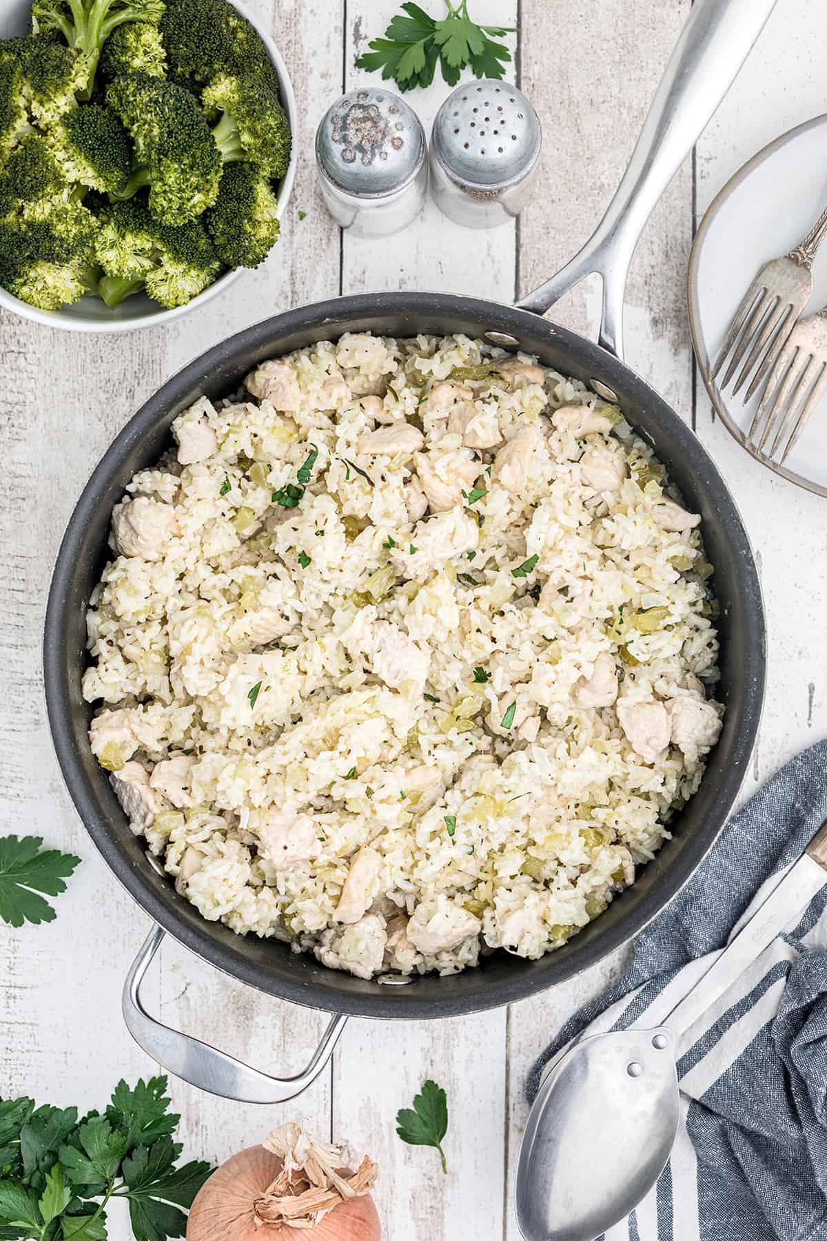 Finished chicken and rice in a skillet.