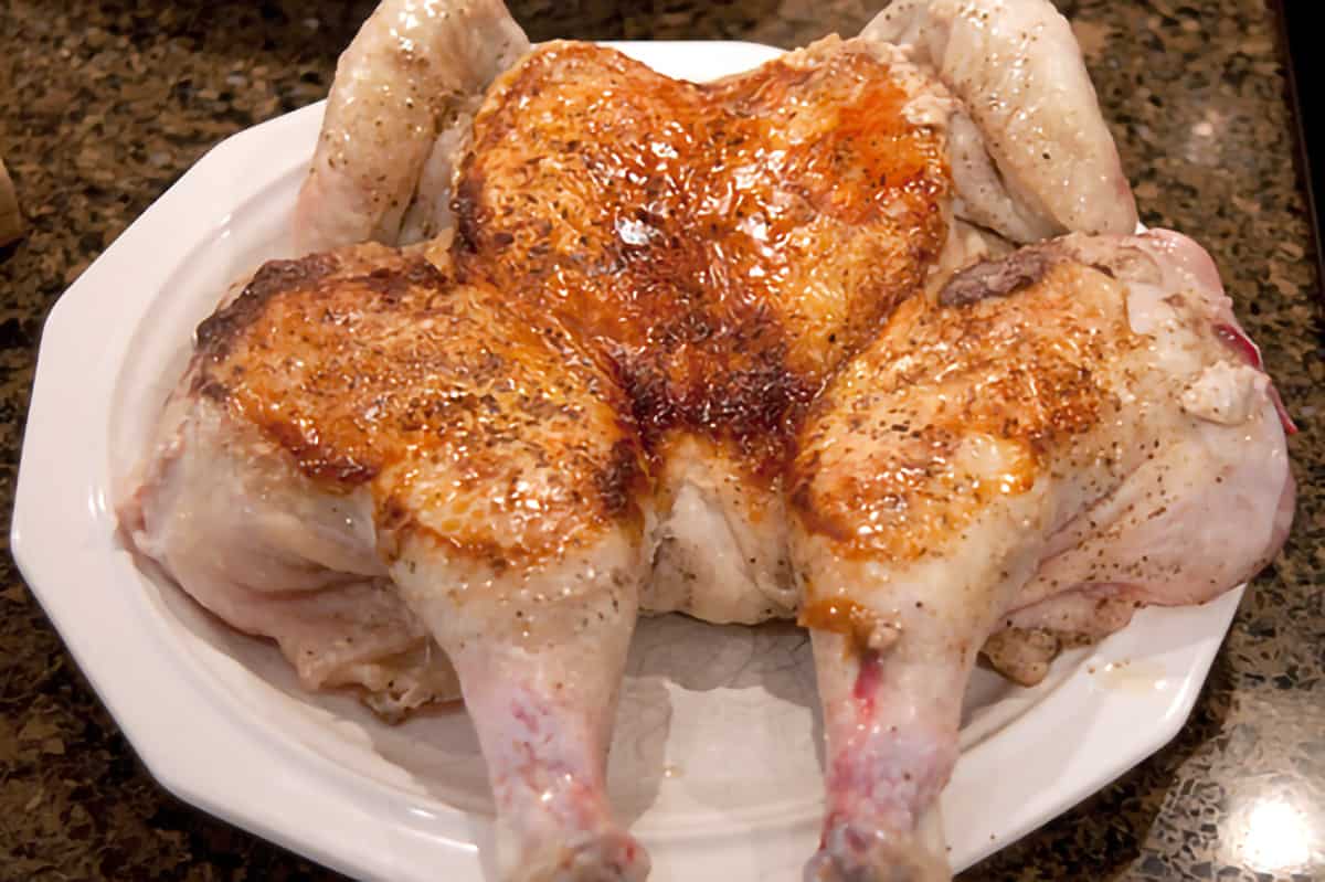 Browned chicken resting on a plate.
