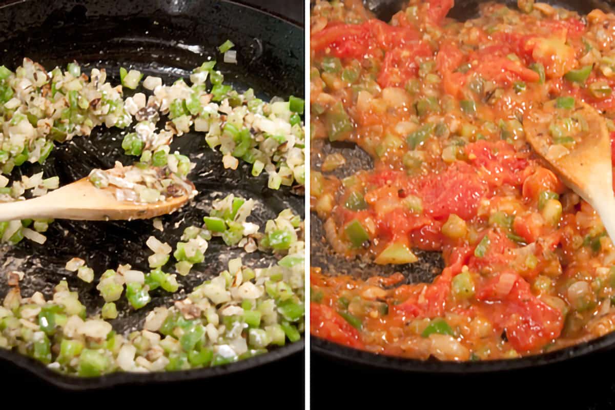 Vegetables cooking in iron skillet on left; tomatoes added on right.