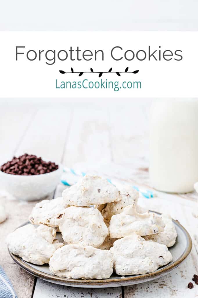 Forgotten cookies on a serving plate with milk and chocolate chips in the background.