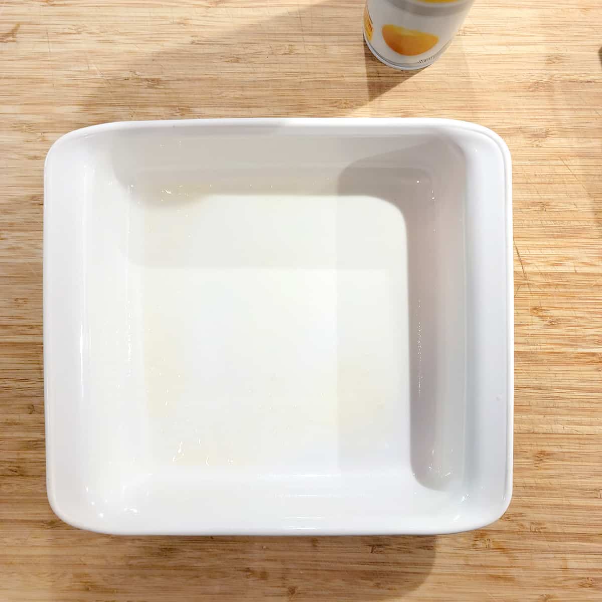Square baking dish sprayed with cooking spray.