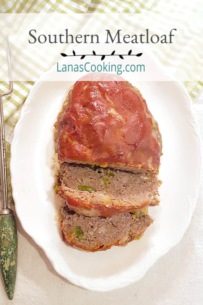 Southern meatloaf on a white serving plate.