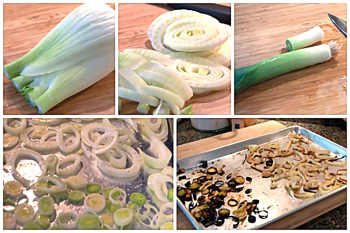 Photo collage showing the process o preparing the fennel and leeks for roasting.