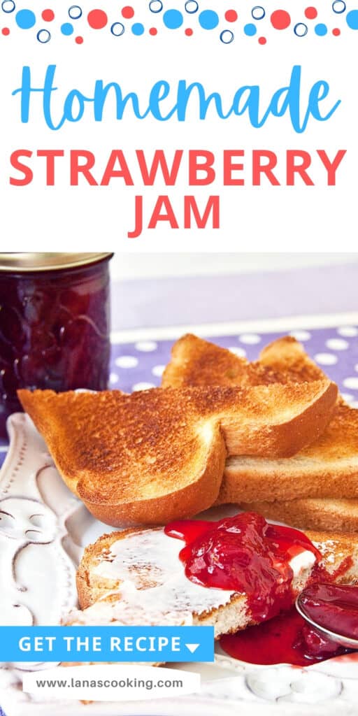 Strawberry jam on buttered toast with jars of jam in the background.