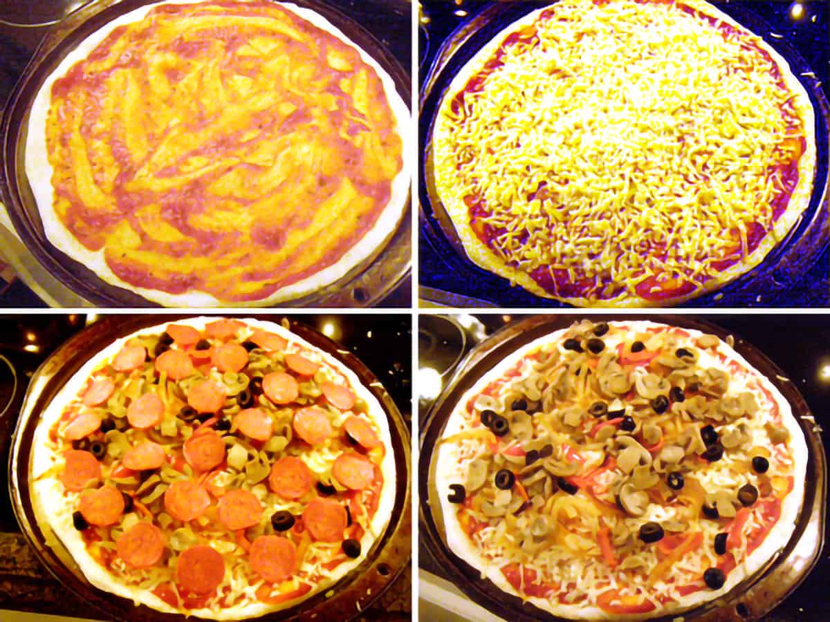 Photo collage showing how to top the pizza.