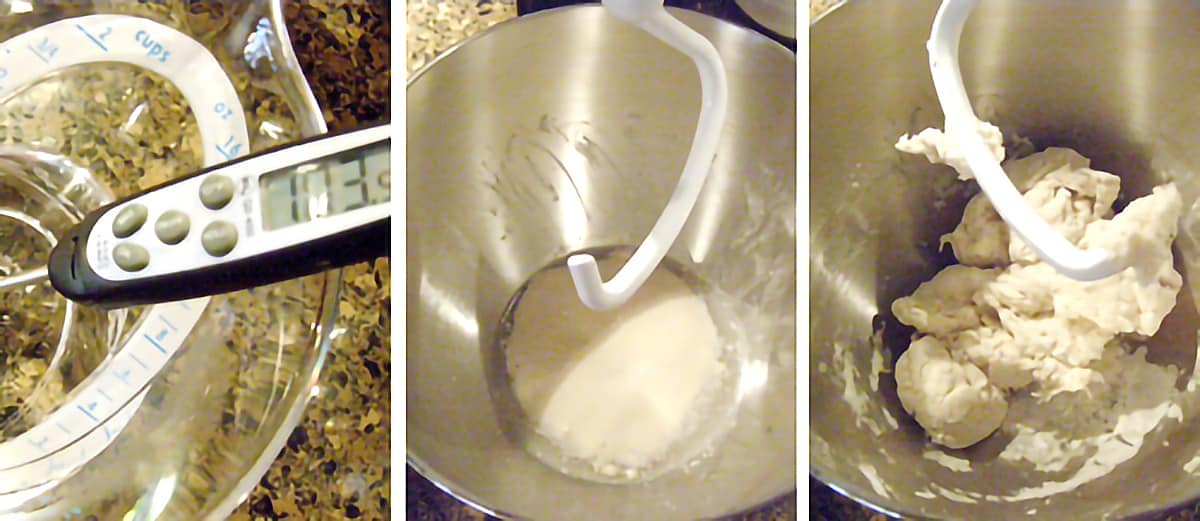Photo collage showing wet ingredients for dough.