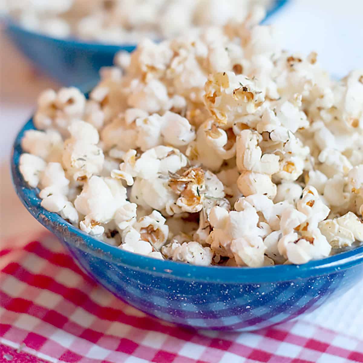 Popcorn in a blue bowl.