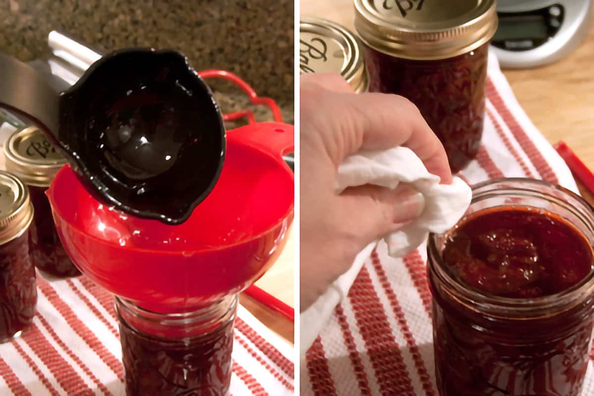 Filling sterile jars with cooked homemade strawberry jam.