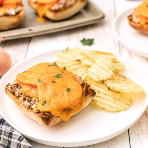 Tuna melt sandwich with potato chips on a white plate.