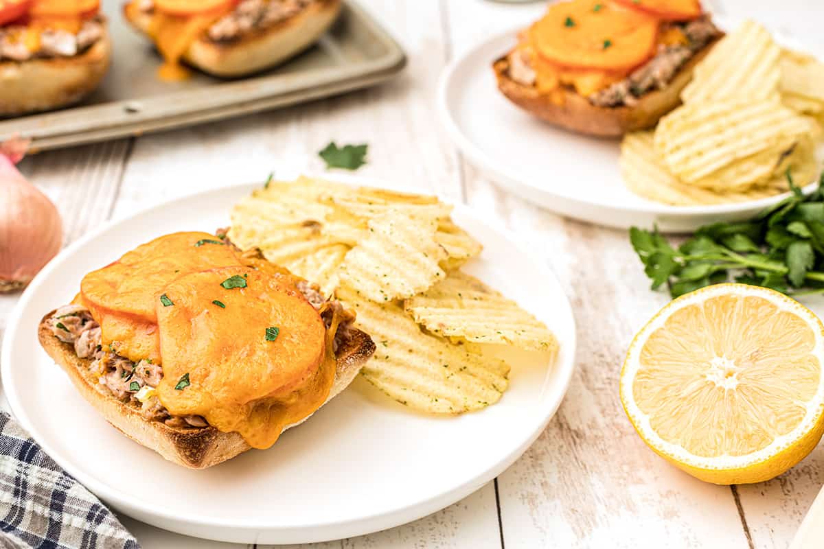 Tuna melt sandwich with potato chips on a white plate.