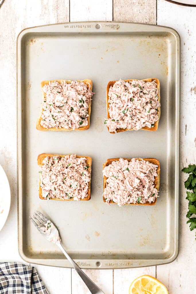 Toasted ciabatta rolls topped with tuna filling.