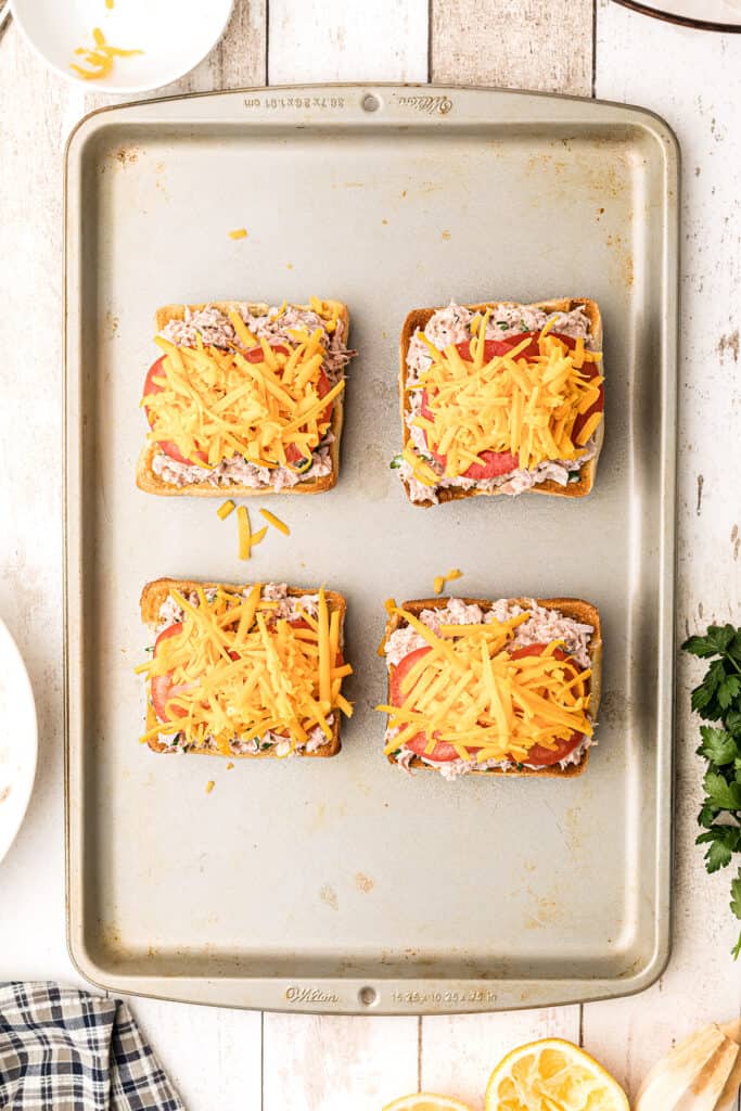 Toasted bread topped with tuna, tomatoes, and cheese.