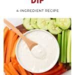Bowl of blue cheese dip with carrot, celery, and pepper sticks on a white plate, wooden spoon in dip.