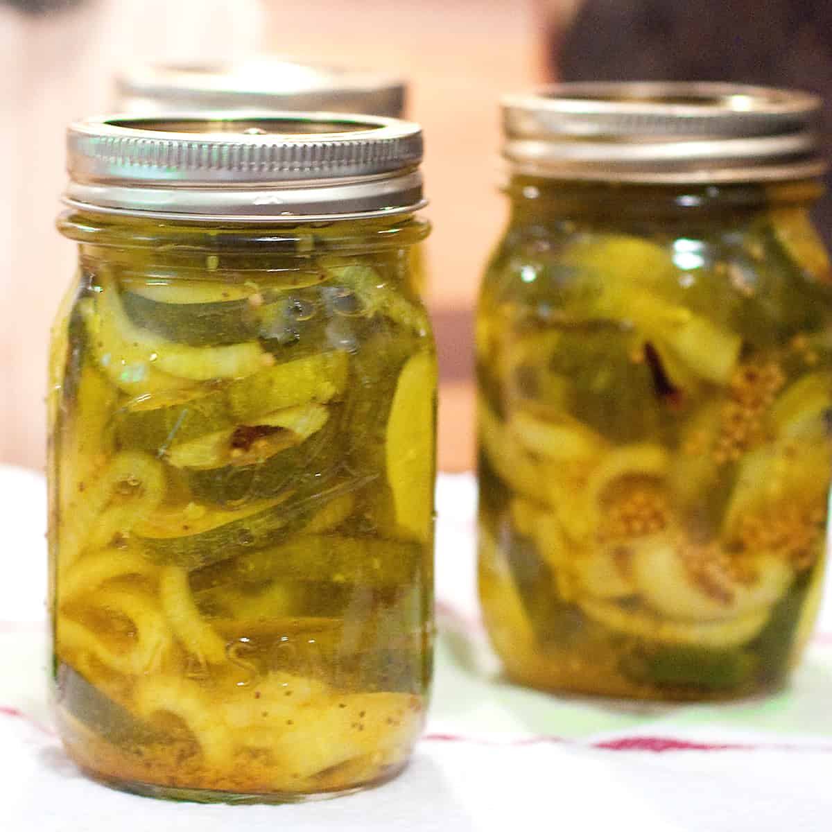 A jar of bread and butter pickles.