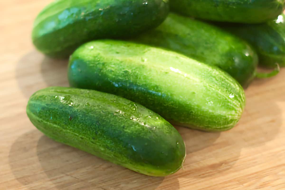 Whole pickling cucumbers on a cutting board.